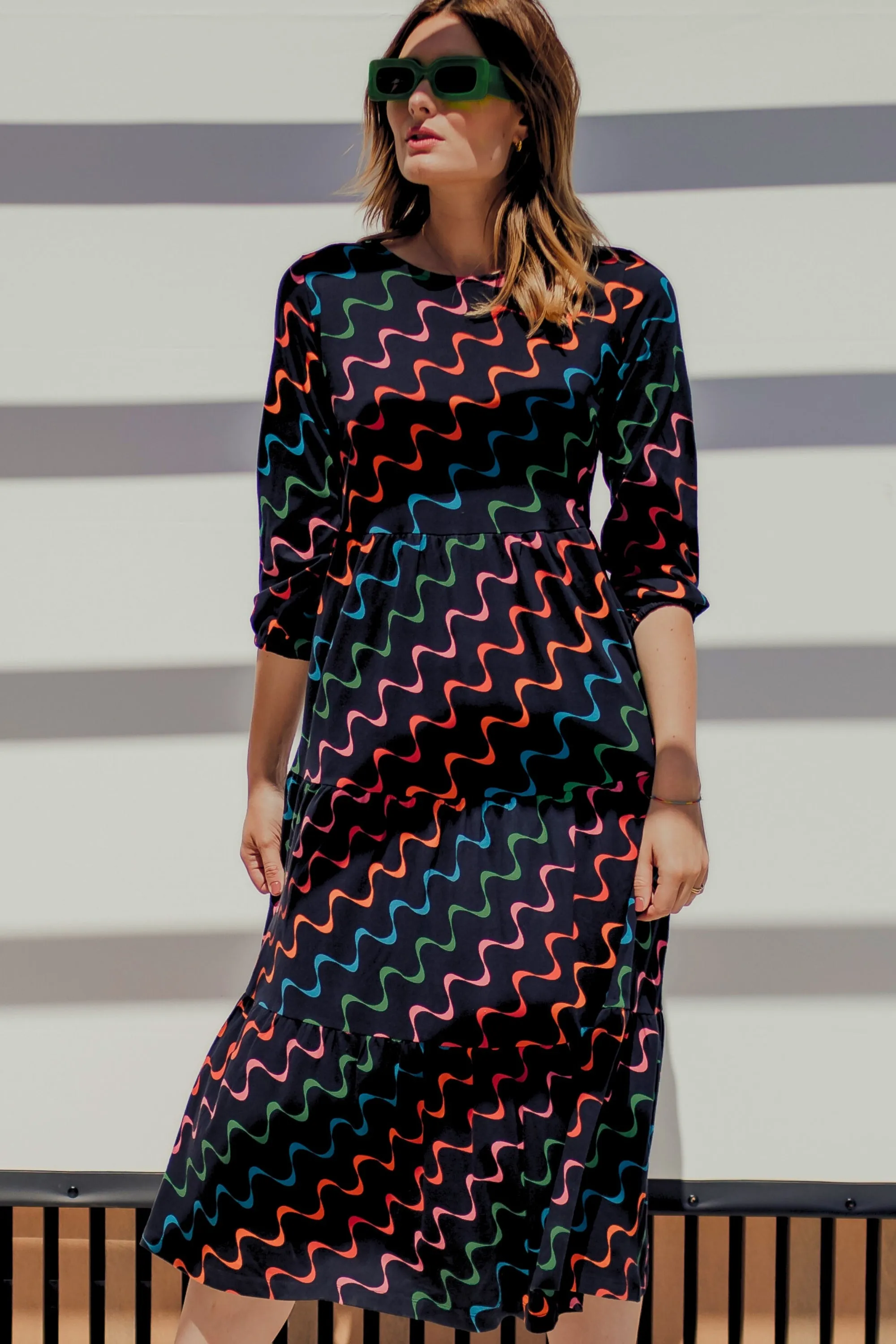 Bakari Jersey Tiered Midi Dress - Black. Undulating Waves