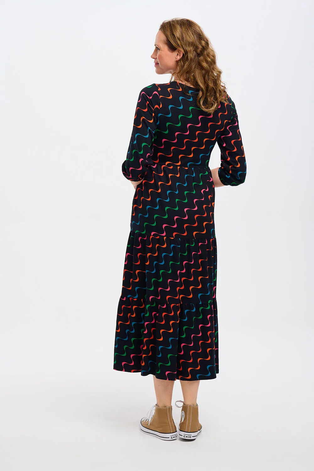 Bakari Jersey Tiered Midi Dress - Black. Undulating Waves