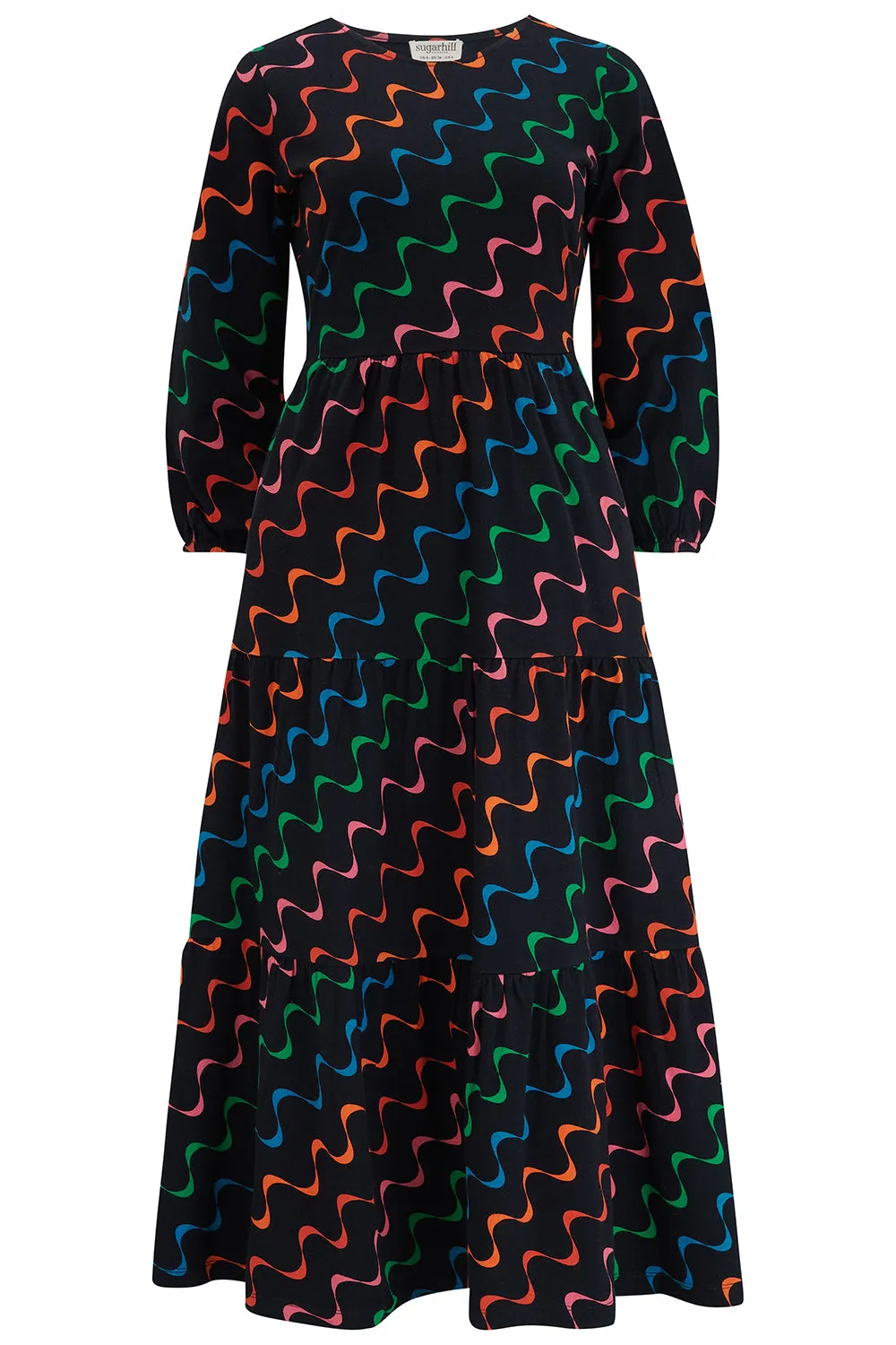 Bakari Jersey Tiered Midi Dress - Black. Undulating Waves