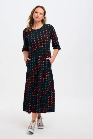 Bakari Jersey Tiered Midi Dress - Black. Undulating Waves