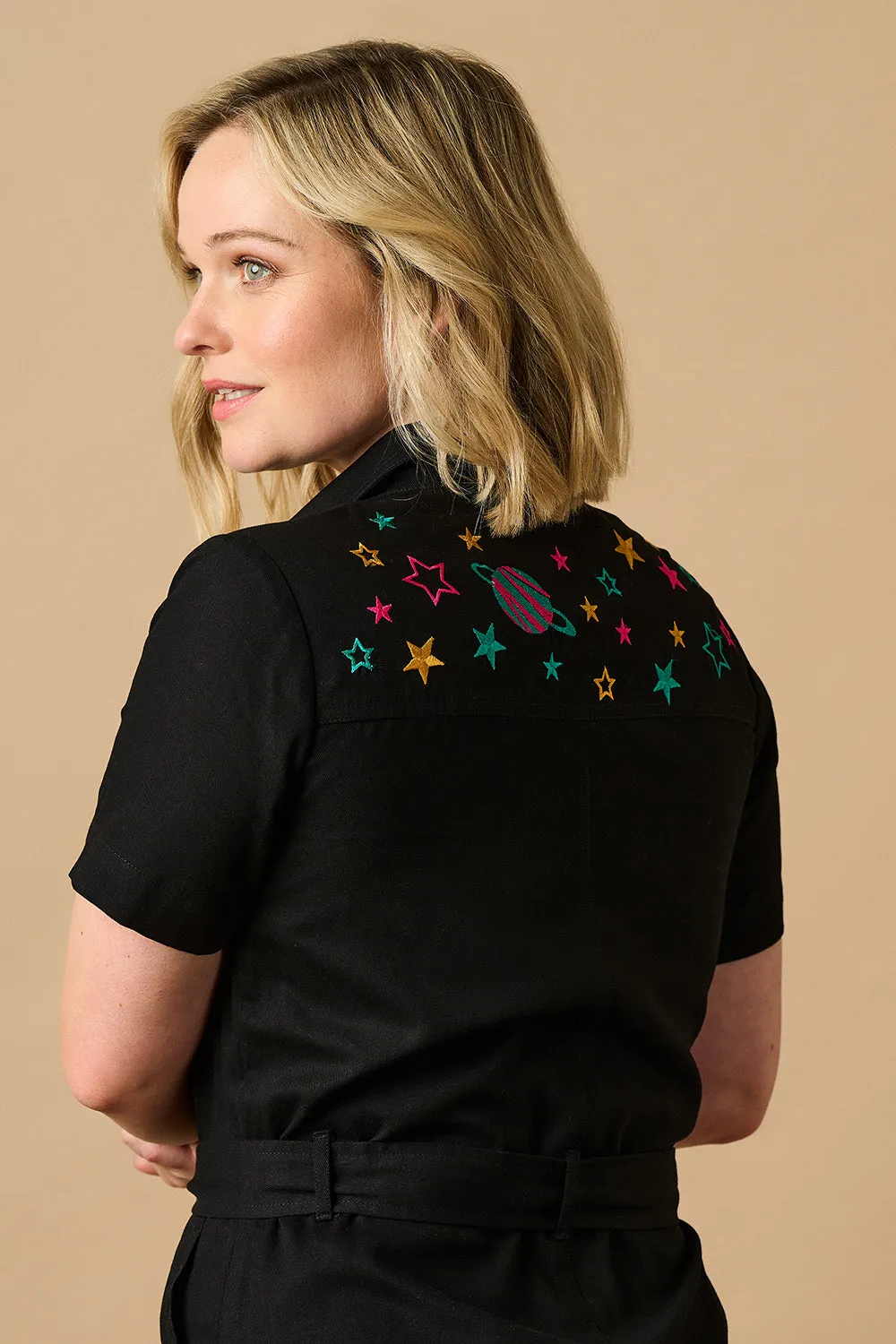 Billy Boilersuit - Black. Outer Space Embroidery