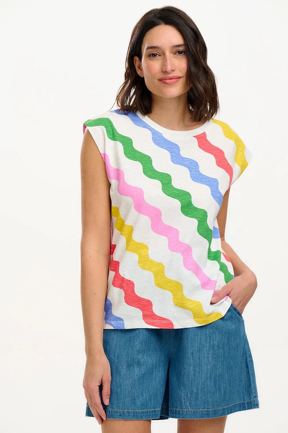 Chrissy Relaxed Tank T-Shirt - Off White/Multi. Primary Rainbow Waves