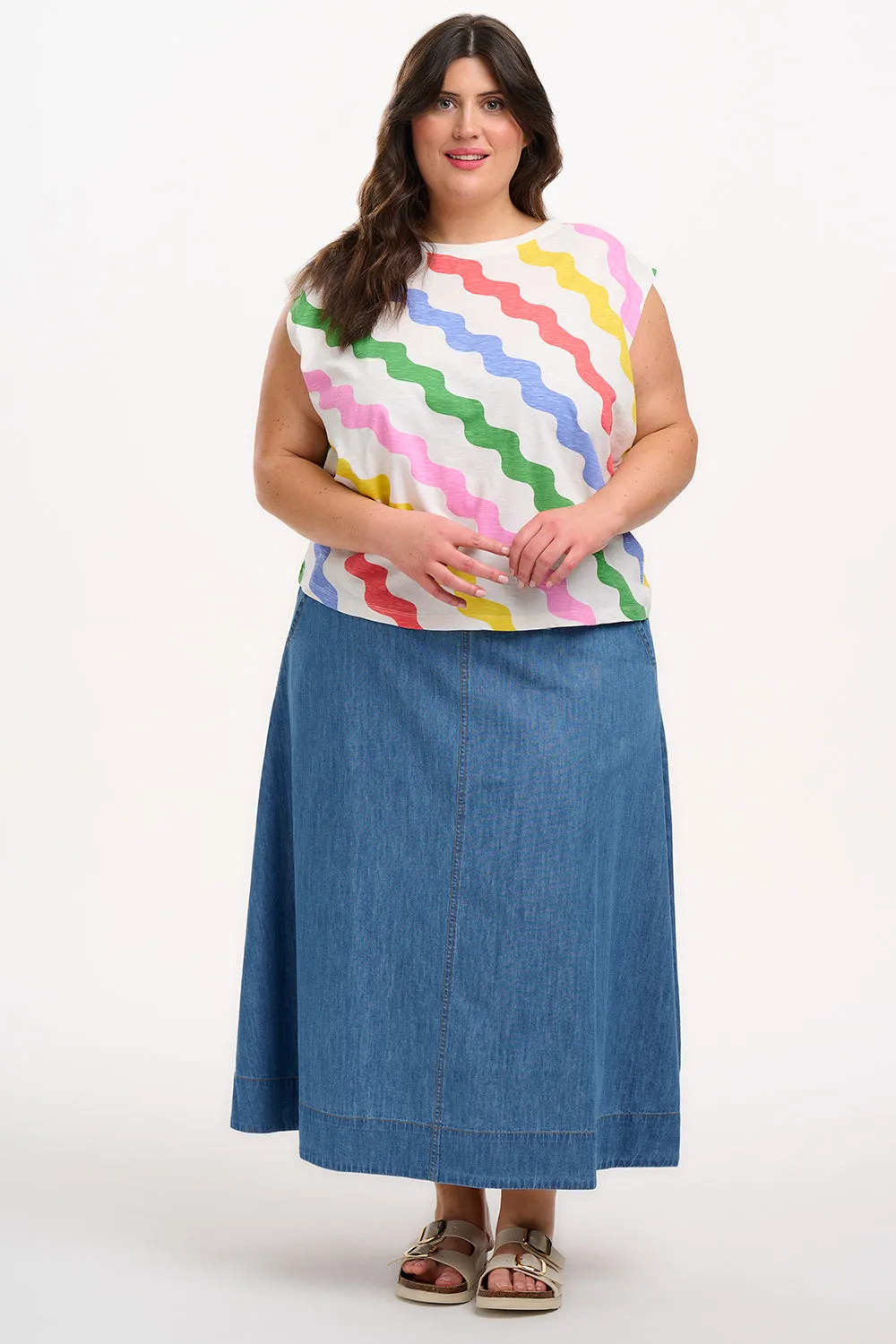 Chrissy Relaxed Tank T-Shirt - Off White/Multi. Primary Rainbow Waves