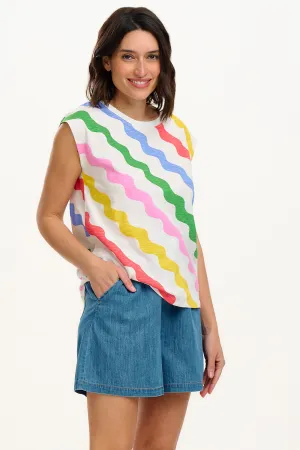 Chrissy Relaxed Tank T-Shirt - Off White/Multi. Primary Rainbow Waves