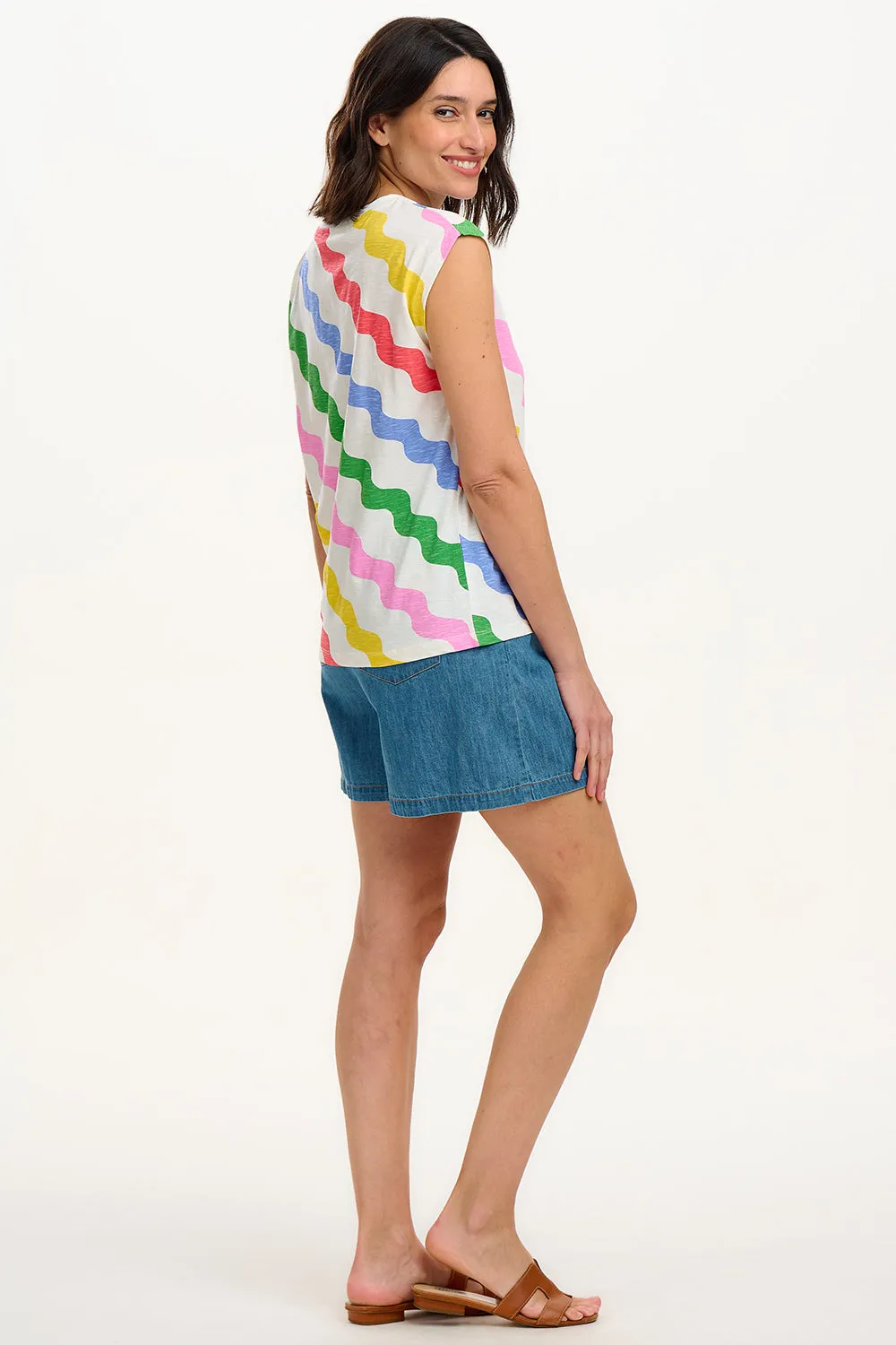 Chrissy Relaxed Tank T-Shirt - Off White/Multi. Primary Rainbow Waves