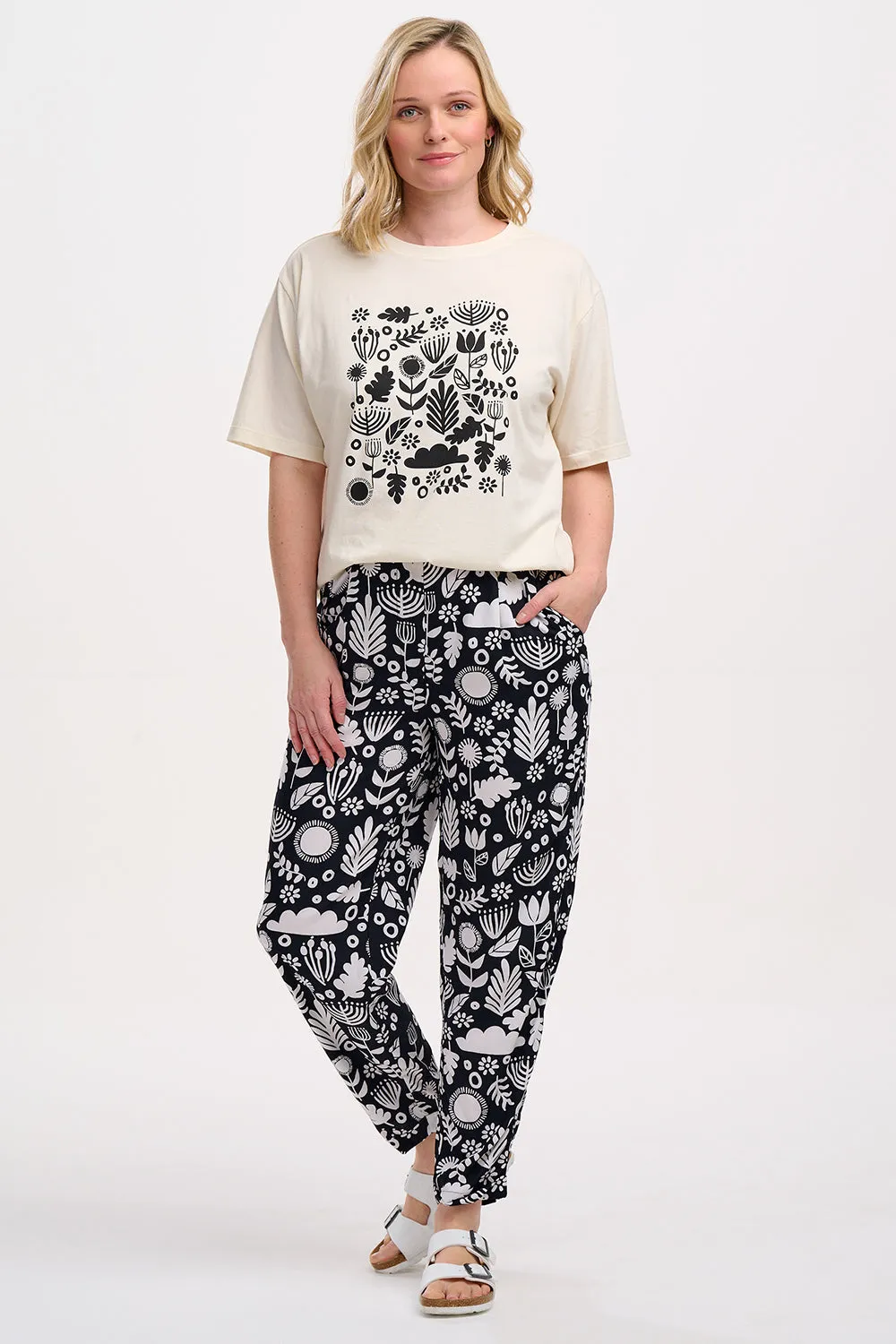 Debbs Trousers - Monochrome. Folk Floral