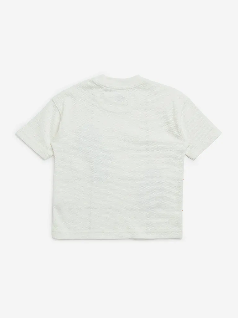 HOP Kids White Embroidered Cotton T-Shirt