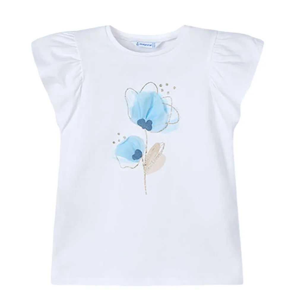 Ivory Cotton Blue Floral Detail T-Shirt