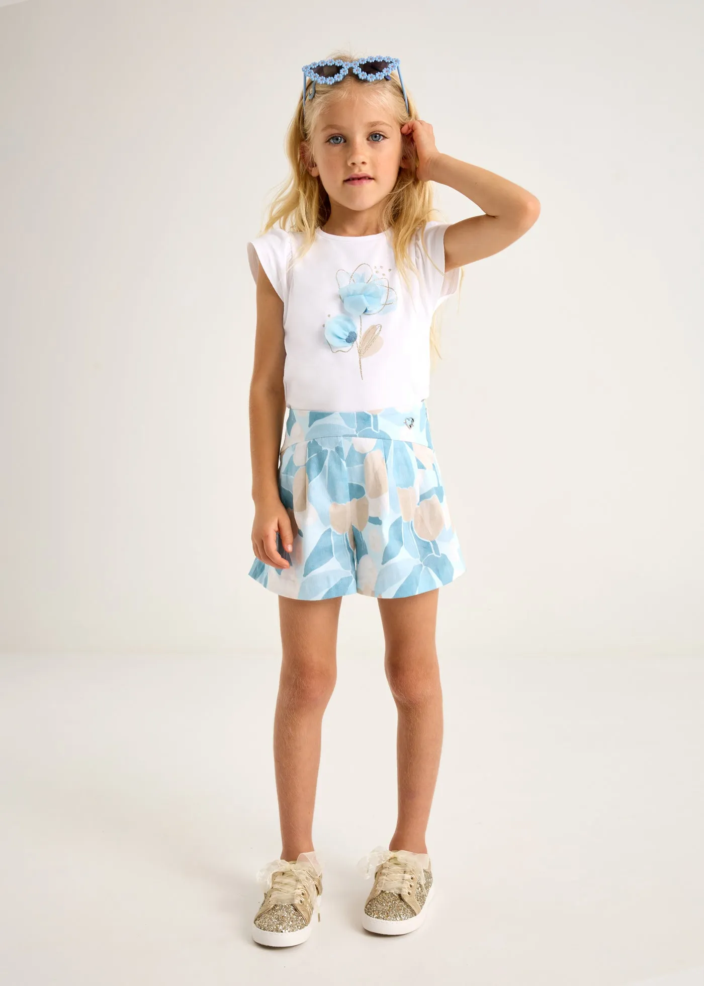 Ivory Cotton Blue Floral Detail T-Shirt