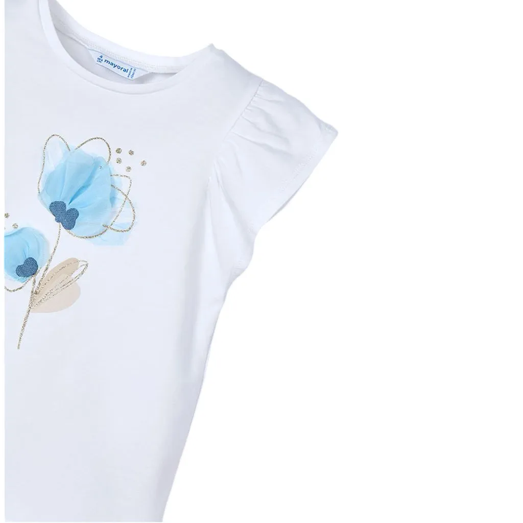 Ivory Cotton Blue Floral Detail T-Shirt