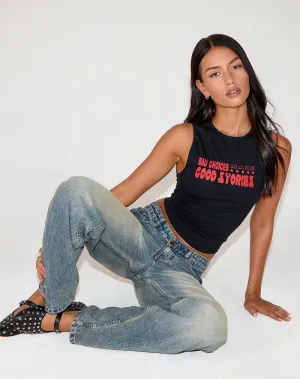 Leen Tank Top in Black with Bad Choices. Good Stories Graphic