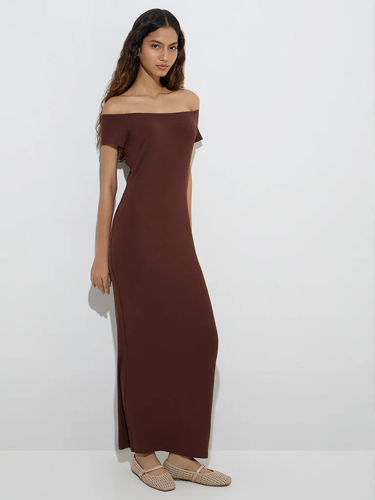 Nuon Brown Ribbed-Textured Off-Shoulder Dress