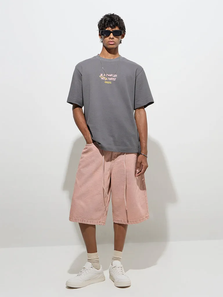 Nuon Grey Text Design Relaxed-Fit Cotton T-Shirt