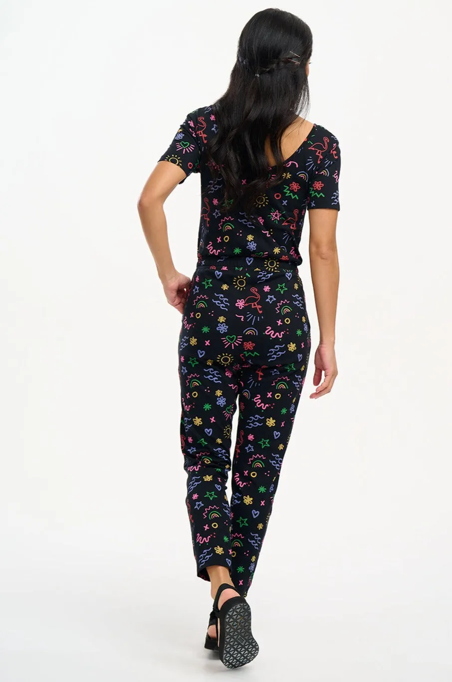 Sammy Jersey Jumpsuit - Black. Flamingo Doodle