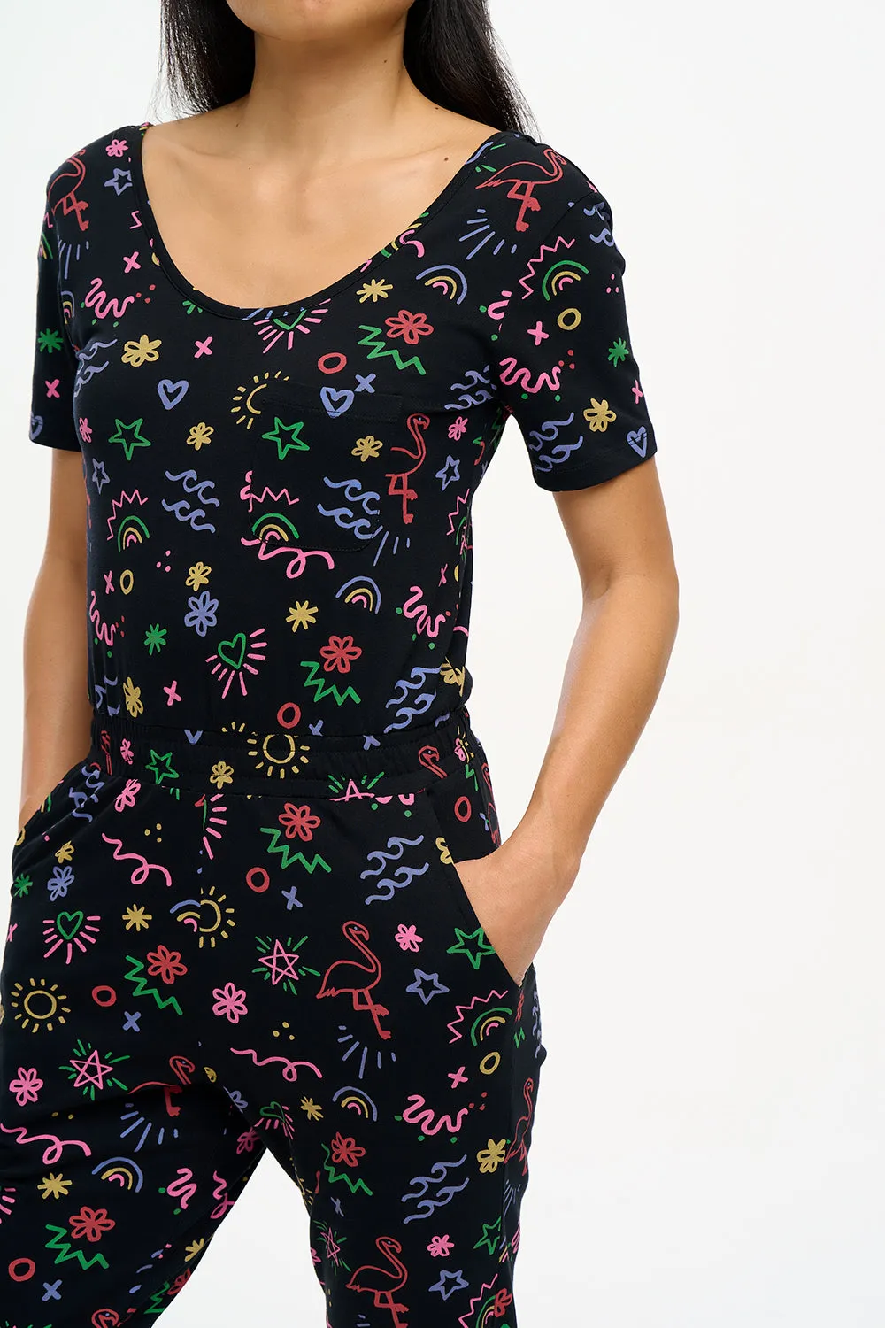 Sammy Jersey Jumpsuit - Black. Flamingo Doodle
