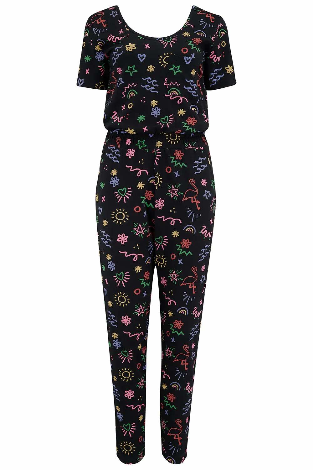Sammy Jersey Jumpsuit - Black. Flamingo Doodle