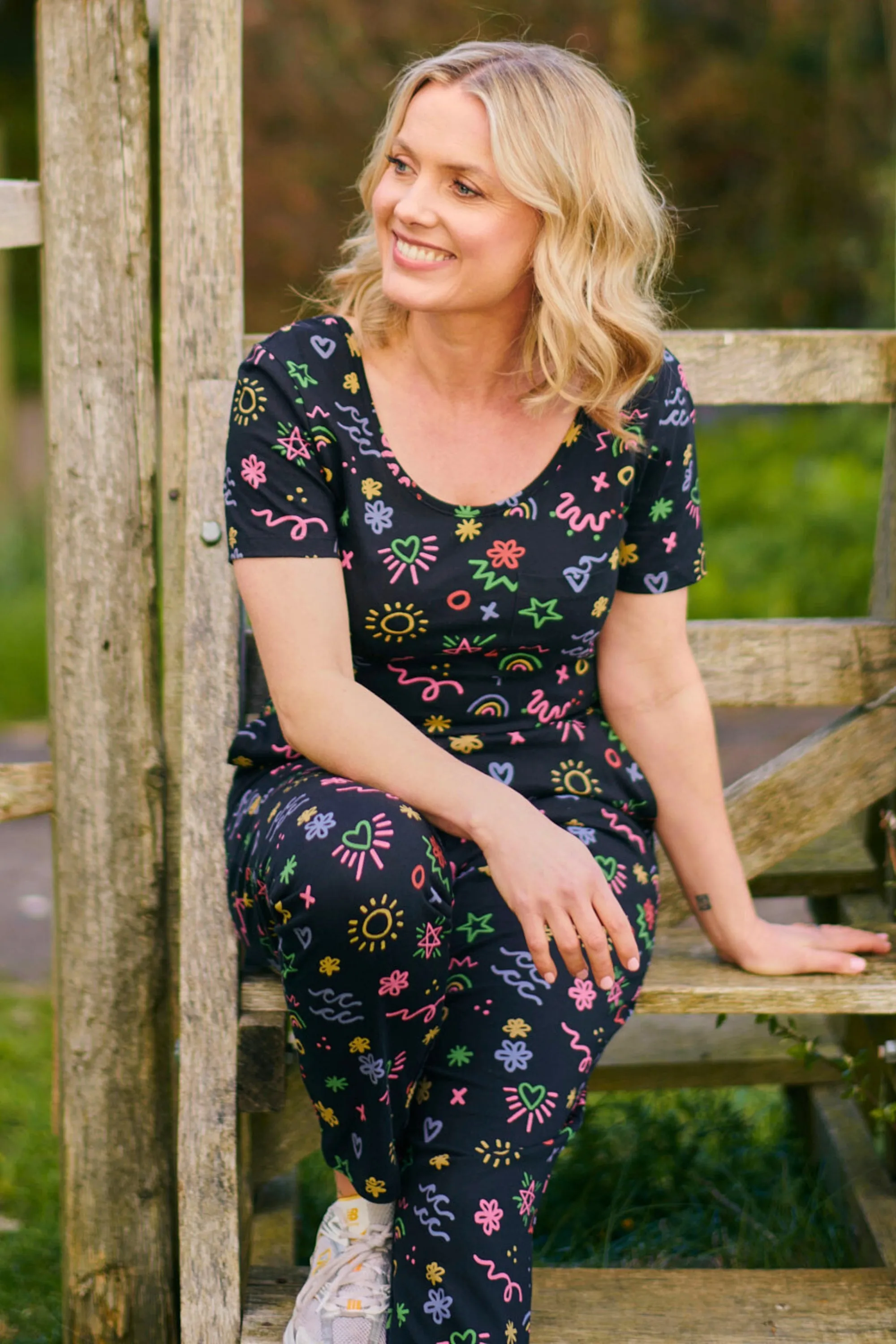 Sammy Jersey Jumpsuit - Black. Flamingo Doodle