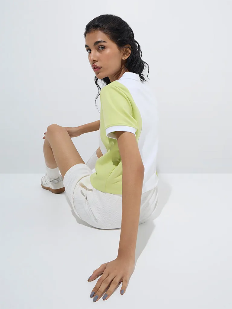 Studiofit Neon Green Colour-Blocked Polo T-Shirt