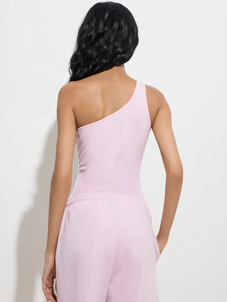 Studiofit Pink Ribbed-Textured One-Shoulder Bodysuit