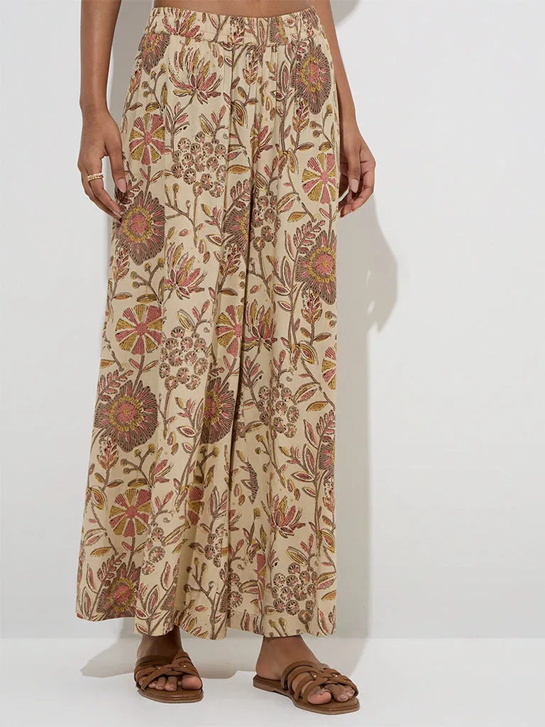 Utsa Beige Floral Design Palazzos