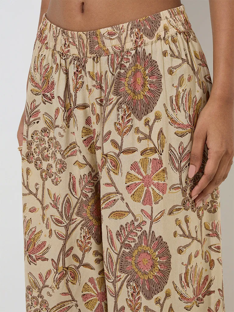 Utsa Beige Floral Design Palazzos