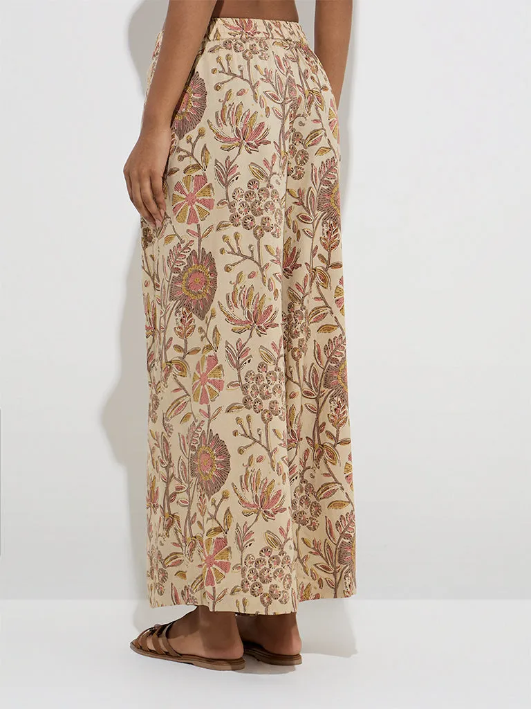 Utsa Beige Floral Design Palazzos