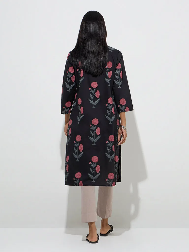 Utsa Black Floral Printed Cotton Straight Kurta