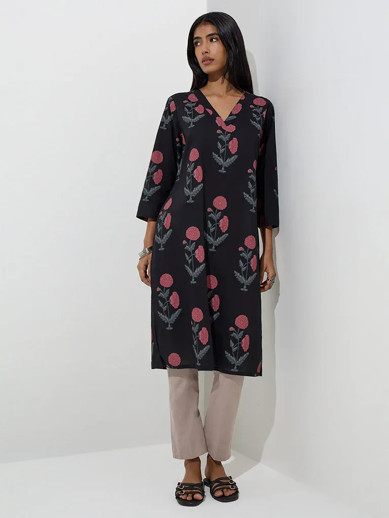 Utsa Black Floral Printed Cotton Straight Kurta