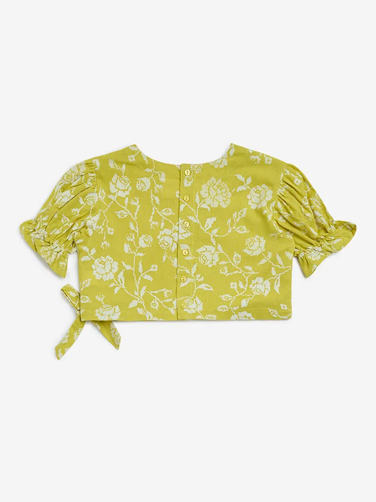Utsa Kids Lime Floral Cotton-Blend Ethnic Top 8-14 years