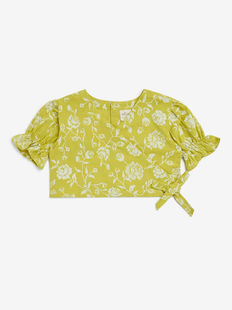 Utsa Kids Lime Floral Cotton-Blend Ethnic Top 8-14 years