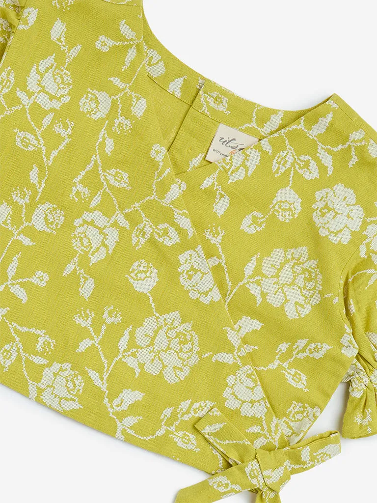 Utsa Kids Lime Floral Cotton-Blend Ethnic Top 8-14 years
