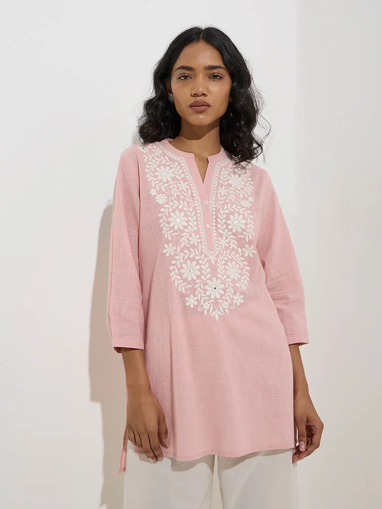 Utsa Pink Floral Embroidered Cotton Kurti