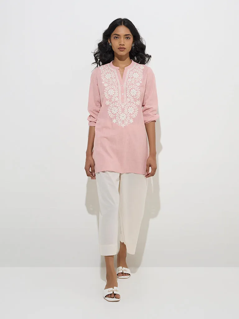 Utsa Pink Floral Embroidered Cotton Kurti