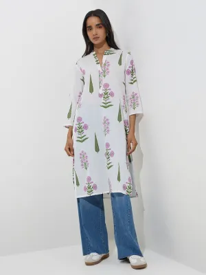 Utsa White Foliage Printed Straight Cotton Kurta