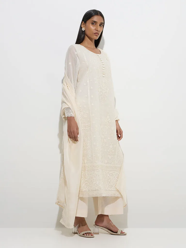 Vark Off-White Straight Kurta. Palazzos and Dupatta Set
