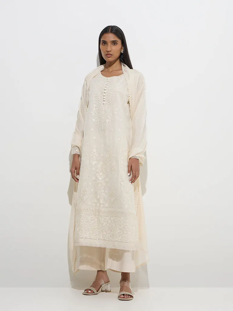 Vark Off-White Straight Kurta. Palazzos and Dupatta Set