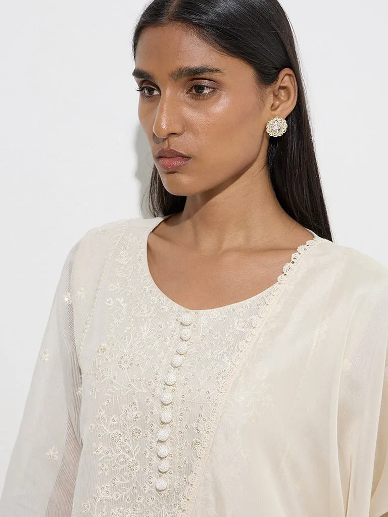 Vark Off-White Straight Kurta. Palazzos and Dupatta Set