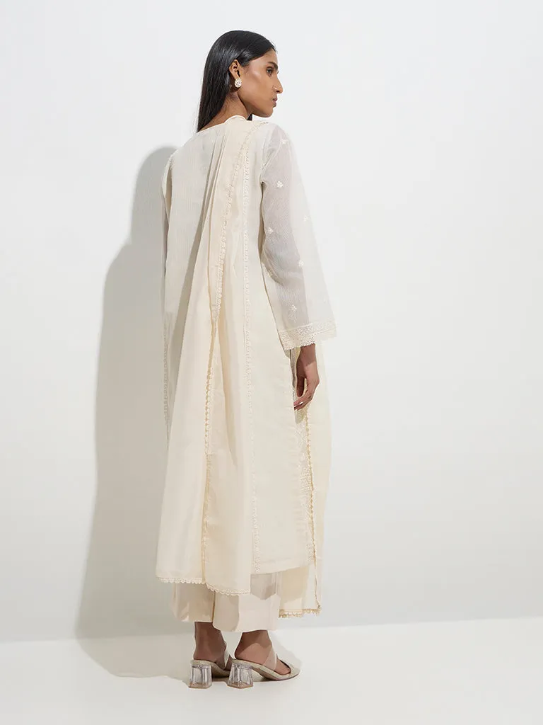 Vark Off-White Straight Kurta. Palazzos and Dupatta Set