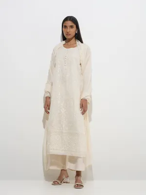 Vark Off-White Straight Kurta. Palazzos and Dupatta Set