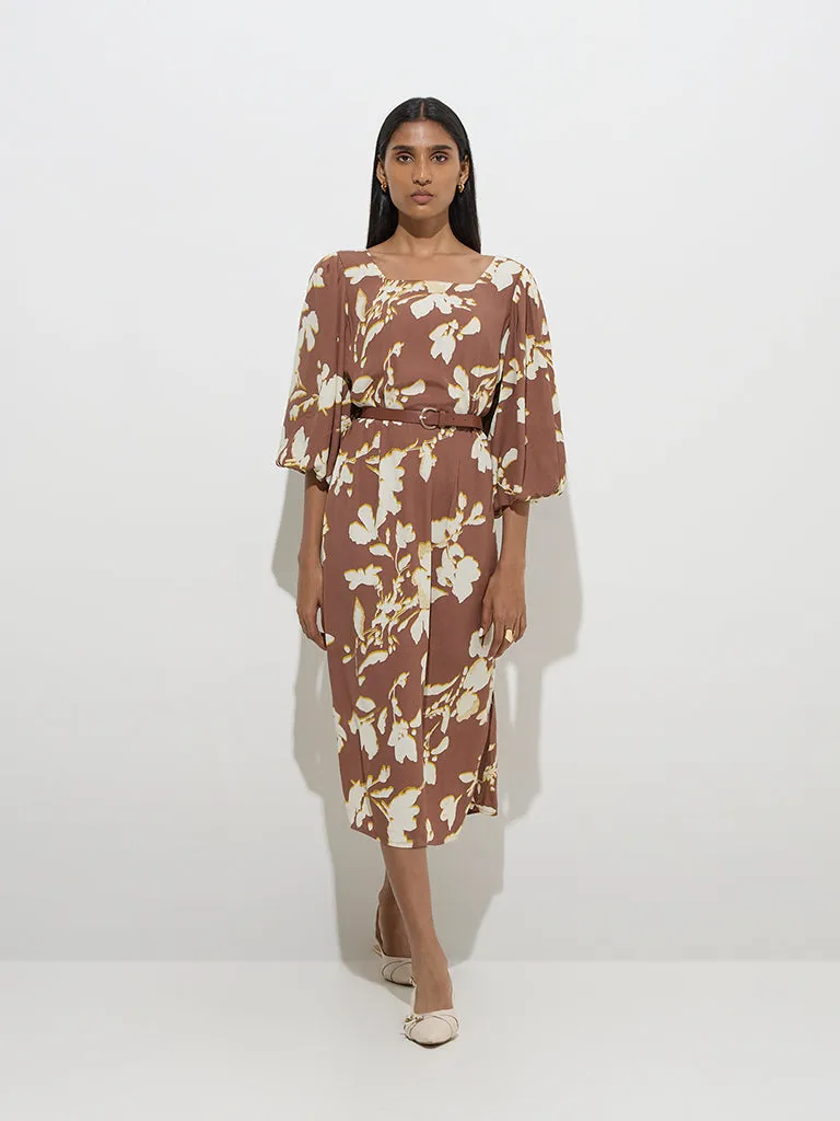 Wardrobe Brown Floral Pattern A-Line Dress with Belt