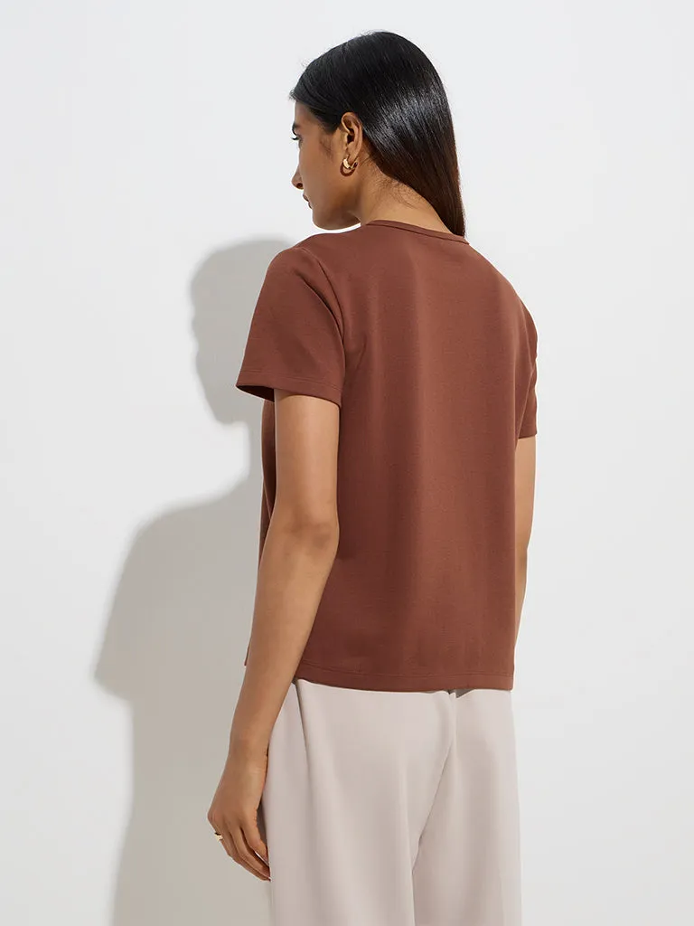 Wardrobe Brown Solid Cotton-Blend T-Shirt