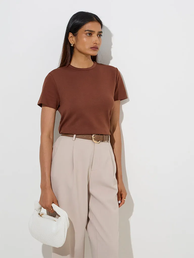 Wardrobe Brown Solid Cotton-Blend T-Shirt