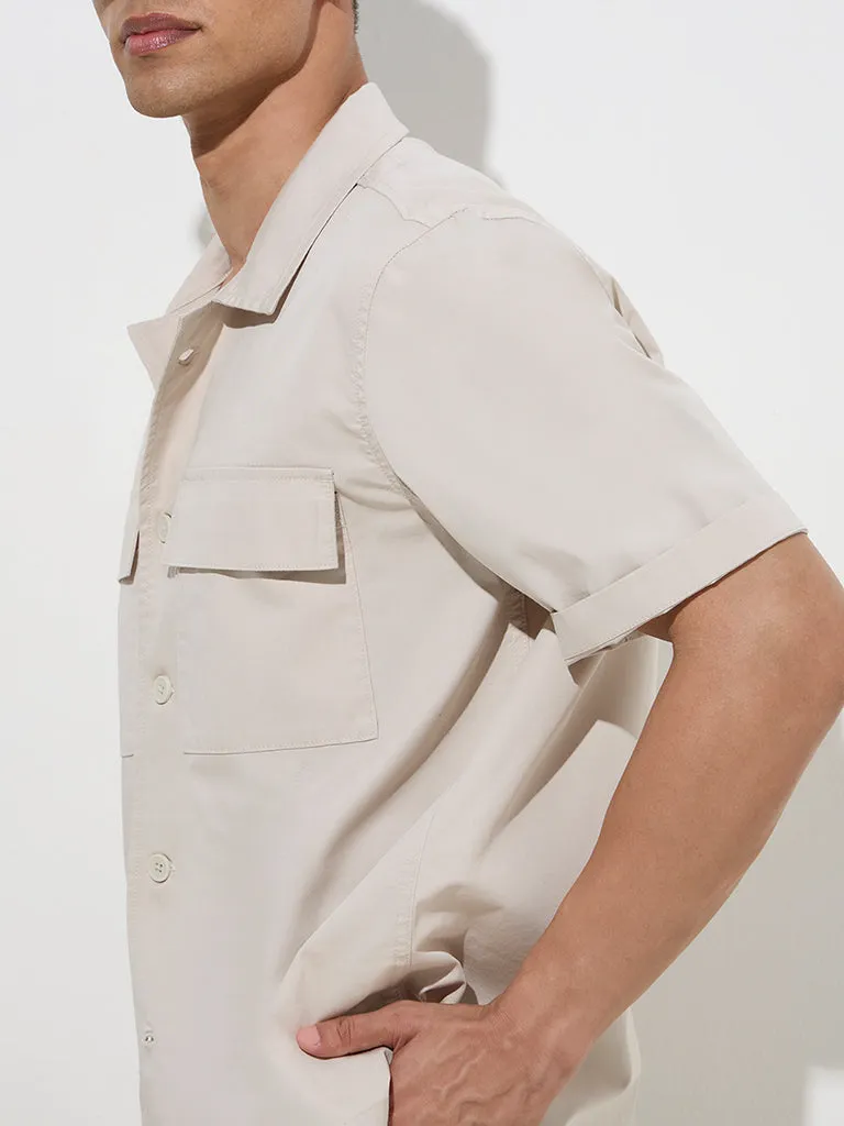WES Casuals Beige Solid Relaxed-Fit Cotton Shirt