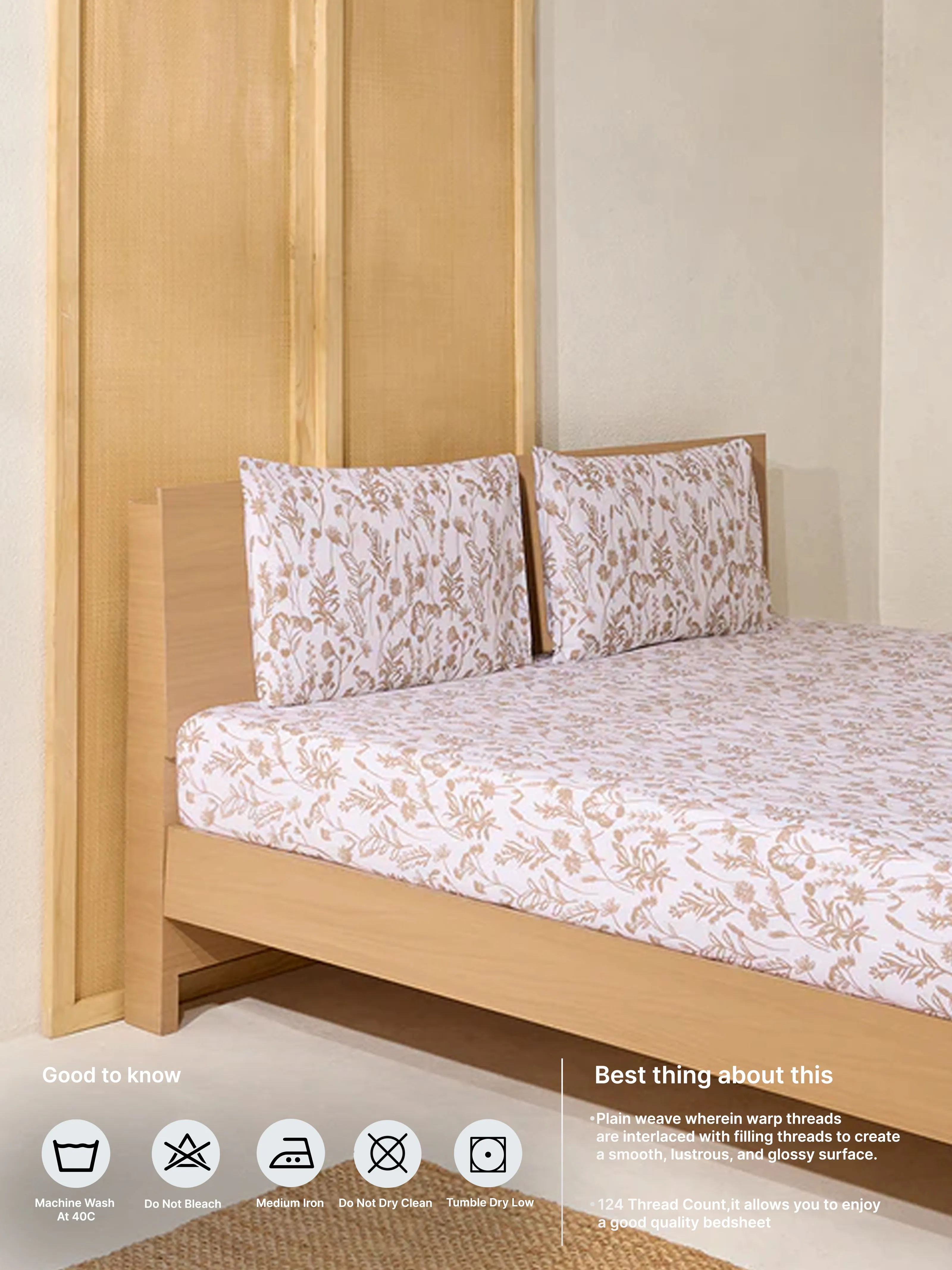 Westside Home Beige Design Queen Bed Flat Sheet and Pillowcase Set