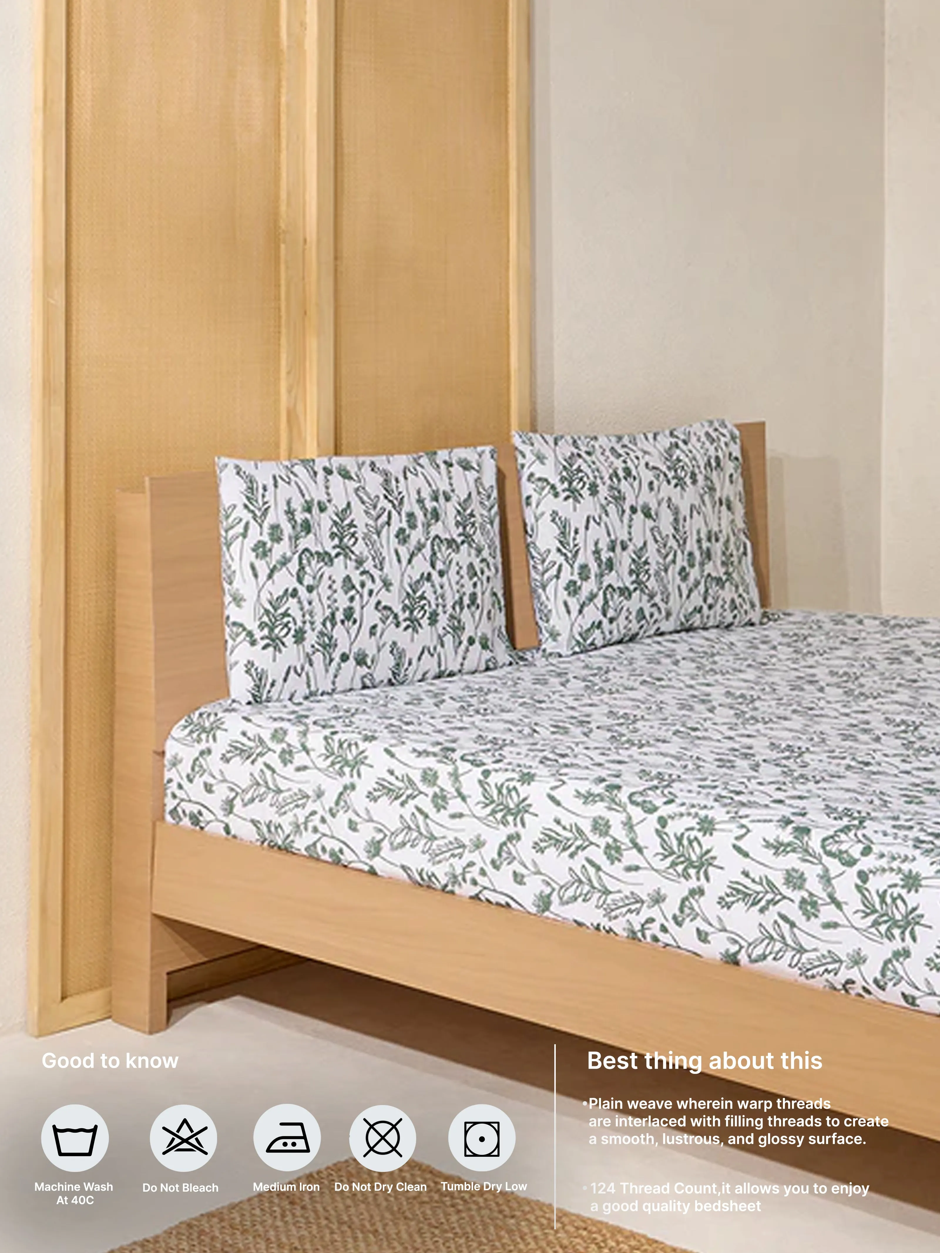 Westside Home Dark Green Botanical Design Queen Bed Flat Sheet and Pillowcase Set