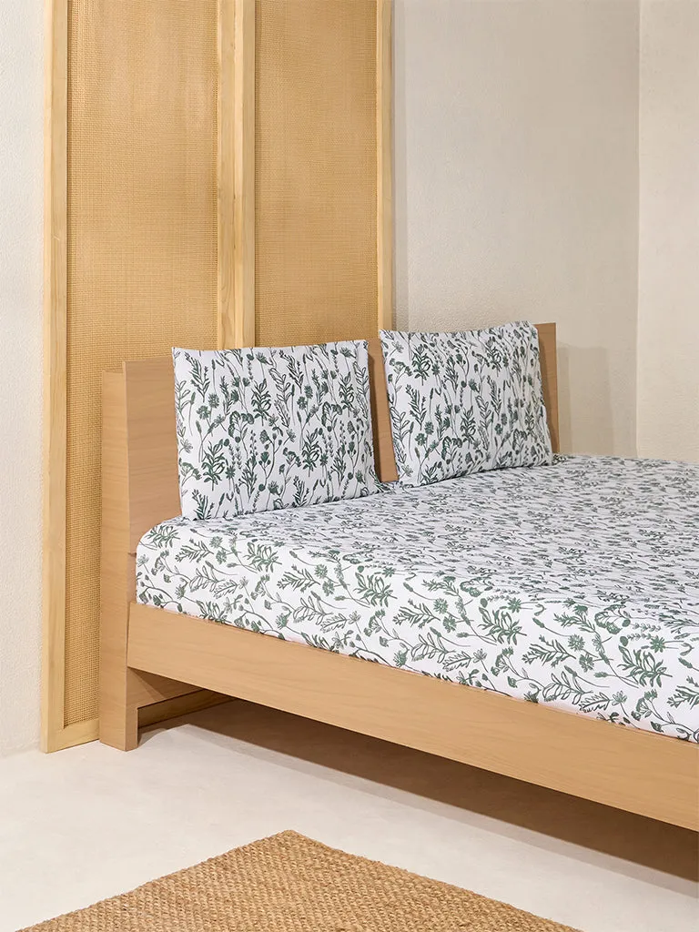 Westside Home Dark Green Botanical Design Queen Bed Flat Sheet and Pillowcase Set
