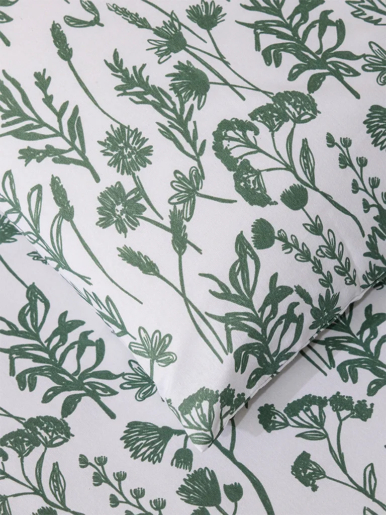 Westside Home Dark Green Botanical Design Queen Bed Flat Sheet and Pillowcase Set
