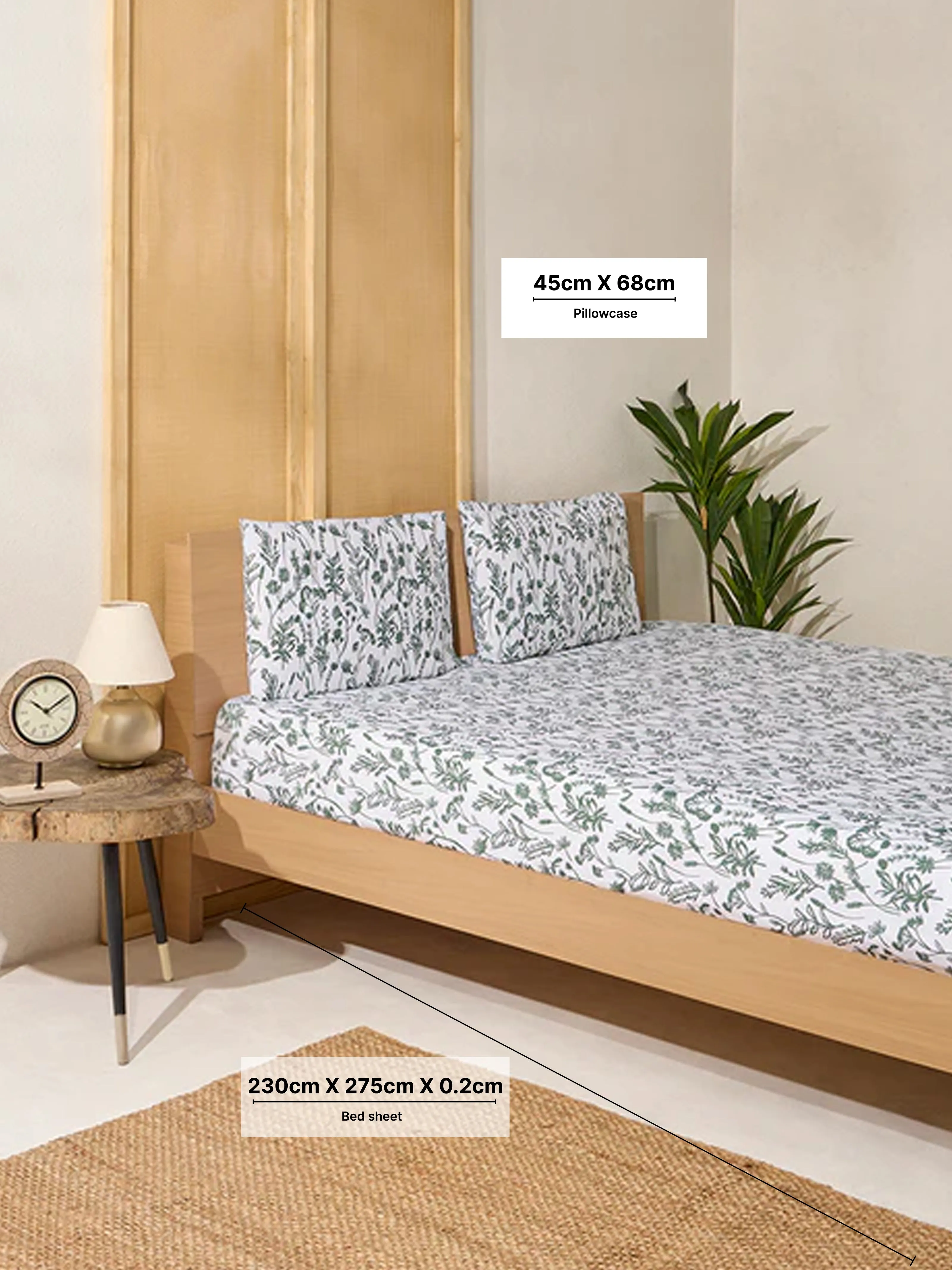 Westside Home Dark Green Botanical Design Queen Bed Flat Sheet and Pillowcase Set