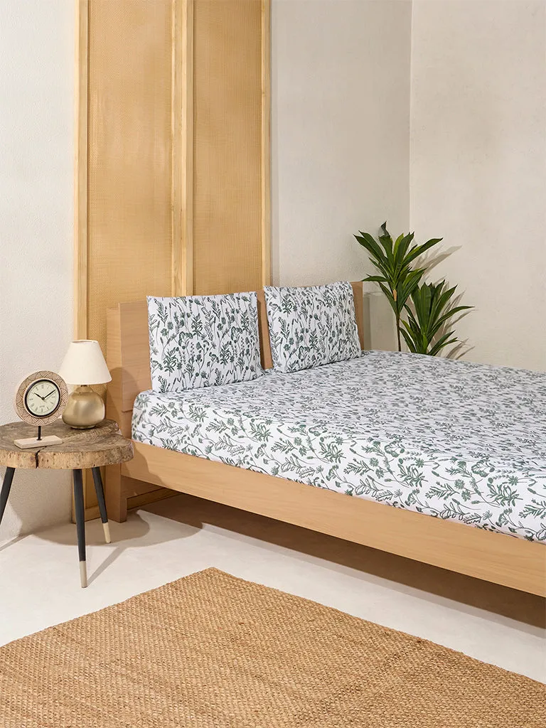 Westside Home Dark Green Botanical Design Queen Bed Flat Sheet and Pillowcase Set