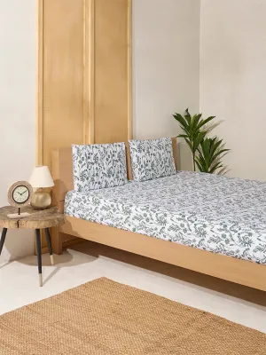Westside Home Dark Green Botanical Design Queen Bed Flat Sheet and Pillowcase Set
